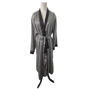 Vtg Today Tonight Womens Houndstooth Robe Black White Red Piping Satin Finish L